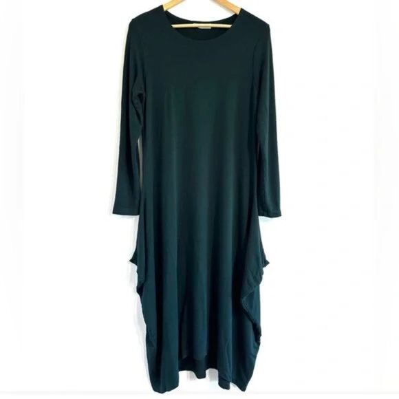 BRYN WALKER Chelsea Long DRESS XS Asymmetrical Draped Side Green Lagenlook NEW - Picture 3 of 6